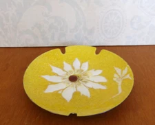 Mid Century Modern Enameled Ashtray Yellow With White Flower Design Over Copper
