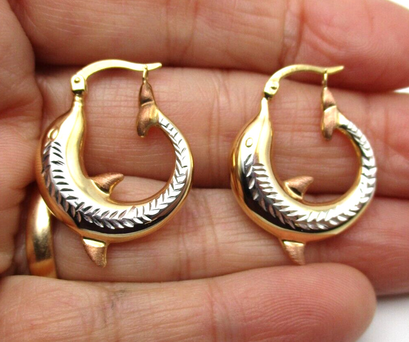 10K Tricolor Gold Diamond-Cut dolphin Hoop Earrings [E262]