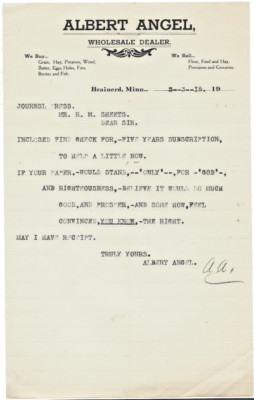 March 1915 Letterhead, Albert Angel, Brainerd MN, Wholesale Dealer