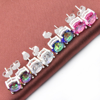 Engagement Jewelry Set 4 Pcs Mystic Topaz Pink Topaz White Zircon Stud Earrings