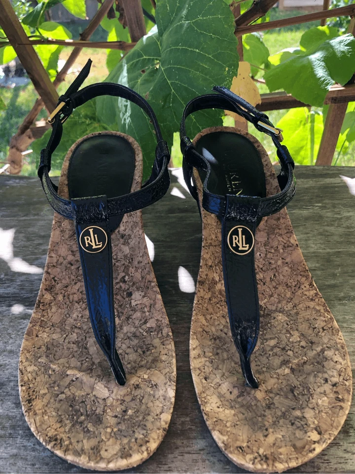 Sandalias Ralph Lauren para mujer Reeta con correa en T de cuero de corcho talla 6,5 Foto 2 de 4