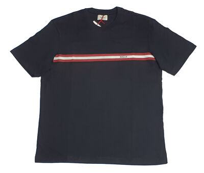 Bally 6233733 Men's Black 100% Cotton Striped Logo T-Shirt MSRP $300