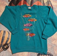 VINTAGE 80s 90s Santee Fish Ocean Glitter Sweatshirt L Made In USA Nature Blue