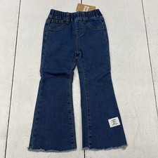 Cozy Pixies Blue Denim Pull On Flare Jeans fringe Raw Hem Girls Size 4 Youth