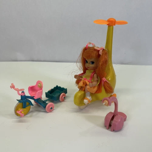 Mattel 1967 Liddle Kiddle Skediddle Tracy Helicopter, Trike, wagon + Pusher