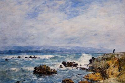 Oil painting Antibes-the-Point-of-the-Islet-Eugene-Louis-Boudin waves