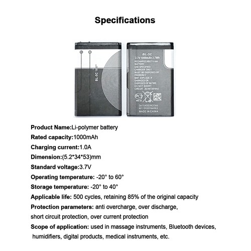 Batteria 10 pezzi 1020 mah BL-5C per telefono Nokia N70 N91 N72 E60 1100 3110 3650 7600 - Foto 13 di 16