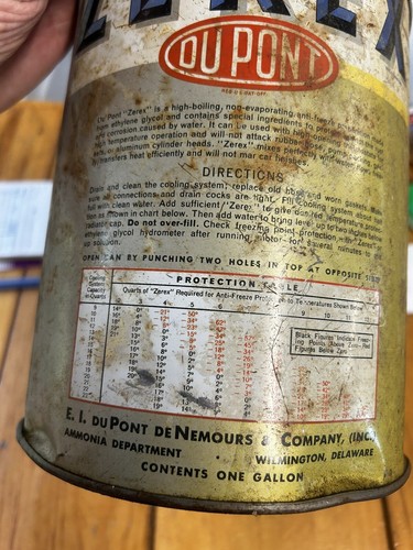 100% ORIGINAL ~ 1950’s DuPont Zerex ANTI FREEZE Old Display Tin 1 Gallon Pic - Picture 7 of 8