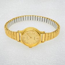 VTG LORUS All Gold Tone Metal Ladies Quartz Watch Stretch Band WORKS VGUC