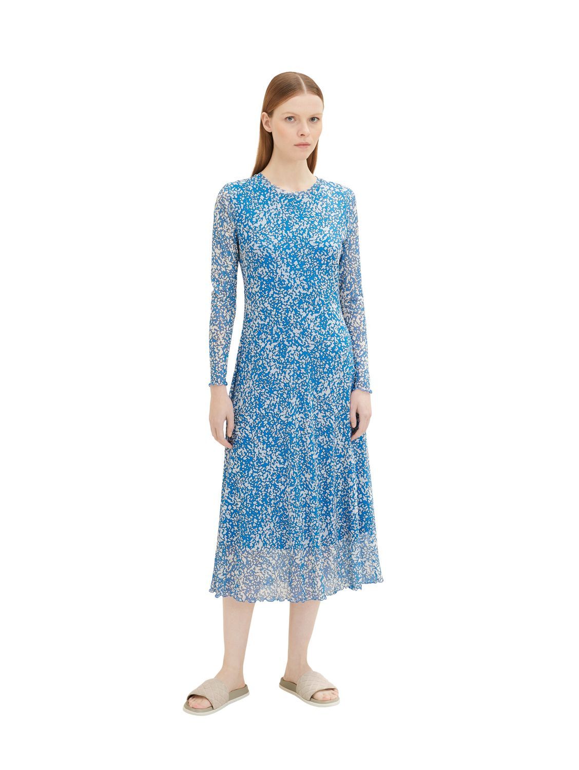 Джинсовая ткань Tom Tailor Damen Kleid из СЕТКИ С ПРИНТОМ Размеры S, M, L, XL, XXL, Bedruckt, Rundhals, МИДИ
