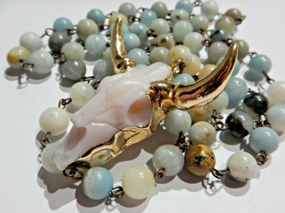 COLLAR CALAVERA VACA CUENTAS Piedra Amazonita Azul Dorado Buey Toro Ganado Boho L5 Foto 4 de 4