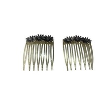 Vintage Floral Hair Combs With Metal Daisy Accents Set Of 2 Clear Plastic Retro
