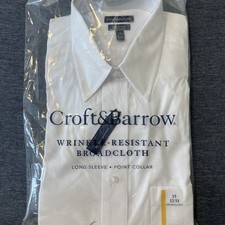Croft Barrow Men  s Button Dress Shirt White Broadcloth Classic Fit Size 15 32/33