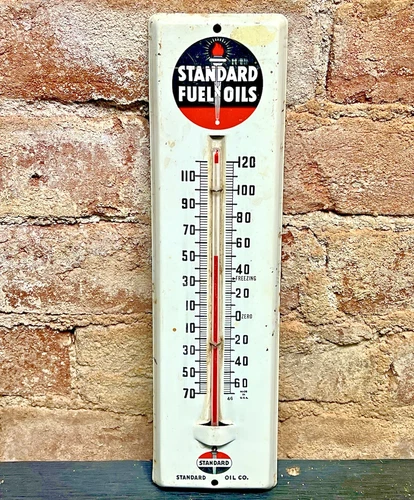 VINTAGE STANDARD FUEL OILS 11" GAS & OIL ADVERTISING THERM SIGN AMACO STATION
