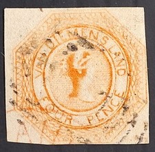 1854- Tasmania Australia 4d Yellow orange Imperf Courier stamp Plate 2 used £375