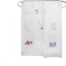 White Shower Curtain with 12 Mesh Storage Pockets Waterproof Bathroom Organizer