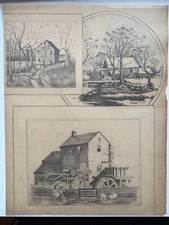 Vintage 1920s Pencil Drawing 3 x Landscape Barn Farming Scene WC Vincent 8.5x11