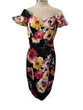 David Meister Black Floral Satin Ruffled Off The Shoulder Sheath Dress 6