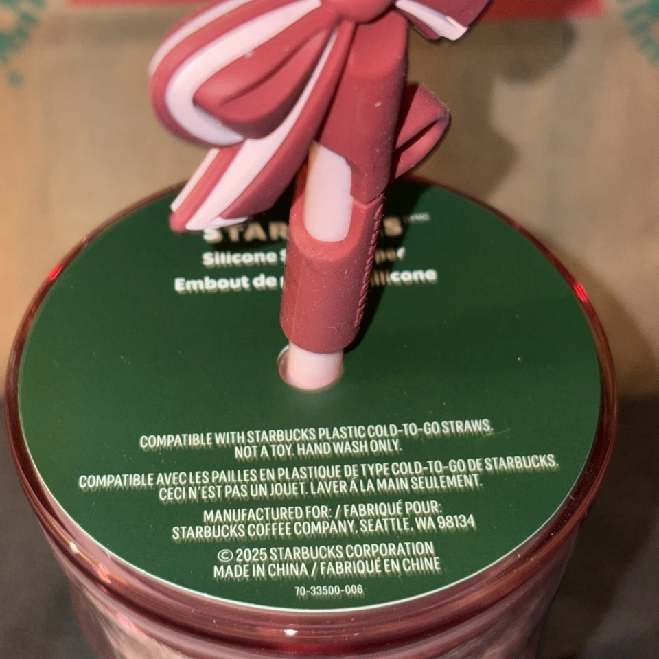 Starbucks Rosa Vidrio de Nieve Vacaciones Arco Silicona Topper Taza Vaso 18 Oz 2025 Foto 4 de 4