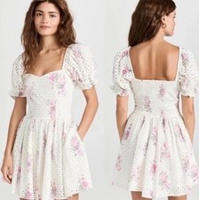 NWOT Love Shack Fancy Altima Mini Dress White Eyelet Pink Floral Full Skirt Sz M
