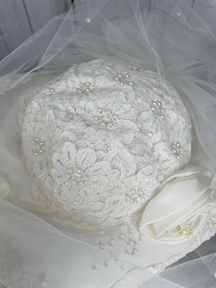 Vintage French White Ivory Lace Tulle Bridal Hat Pearls Rhinestones Veil 80s 90 Vintage French White Ivory Lace Tulle Bridal Hat Pearls  main image 2