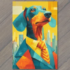 Art Print Dachshund Suit Red Yellow Tie City Background Bright Colors Dog