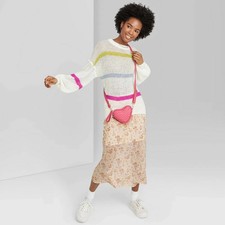 Wild Fable Women's Striped Crewneck Oversized Pullover Sweater White Large
