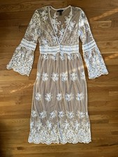 Womens Size L Sheer Embroidered Floral Lace  Bell Sleeves Maxi Dress Forever 21