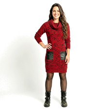 NEW Alison Andrews Red Marl Knit Sweater Dress Cowl Neck Faux Leather Pockets L