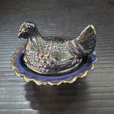 Mosser Glass Marked Amethyst Carnival Iridescent Mini 3 Inch Hen on Nest Purple