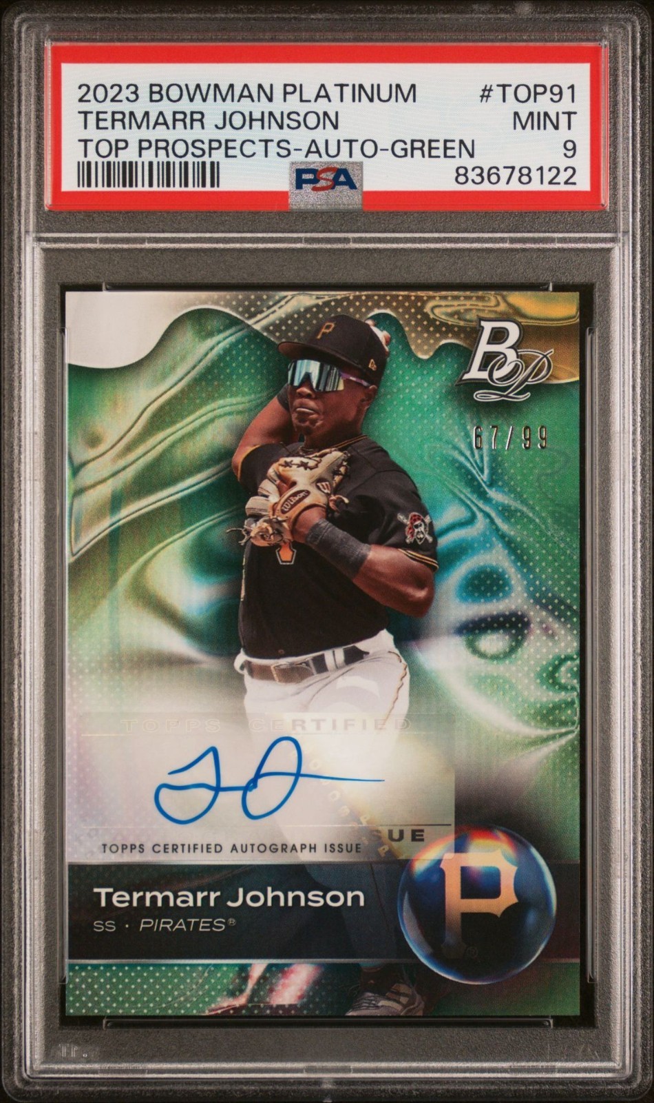2023 Bowman Platinum Top Prospects Auto #TOP91 Termarr Johnson Green /99 - PSA 9