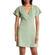 Madewell Cross Front Flutter Sleeve Mini Dress Womens M Green Minimalist Casual