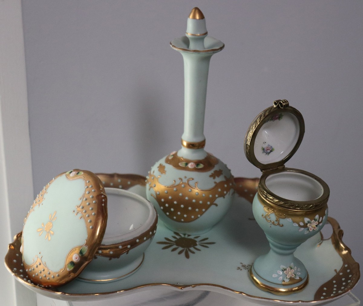 Vintage Lenwile Ardalt Japan Porcelain Vanity Set Blue Gold