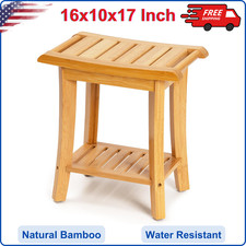 Bamboo Shower Bench Inside Shower Stool w Storage Shelf, Spa Bath Chair, Durable