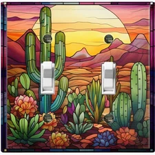 Metal Light Switch Outlet Cover Wall Plate Image of Stained Glass Cactus EGS115