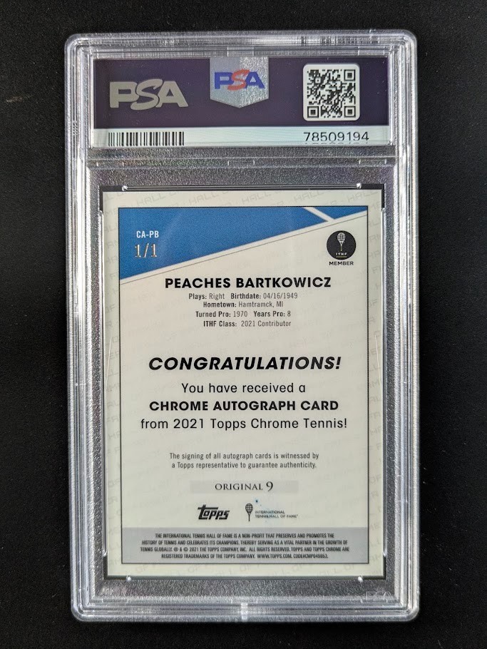 2021 Topps Chrome Tennis PEACHES BARTKOWICZ 1/1 Auto SuperFractor #CA-PB PSA 10 view 2