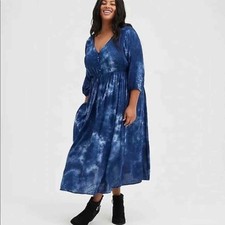 Torrid Tea-Length Chiffon Clip Dot Blue Tie Dye Midi Dress Plus Size 1 1X new!!!