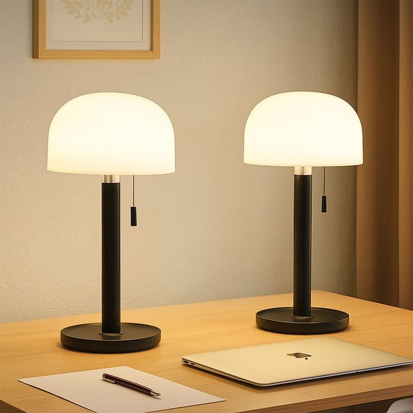 AußEnleuchte Pilzlampe Tischleuchte Bambus Schwarz Weiß Led Zugschalter 2Er Set-image