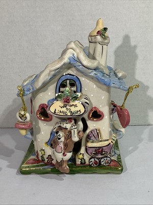 2001 Blue Sky Corp Ceramic  Welcome Little Bears  House Tea Light Holder HGT1-28