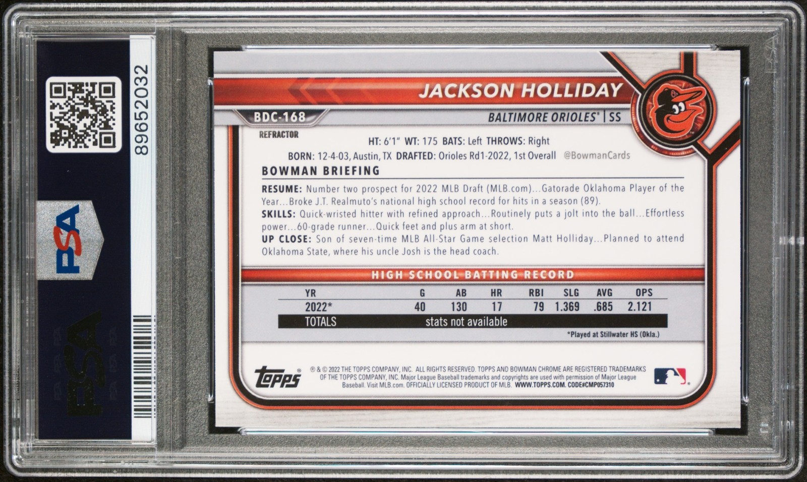 2022 Bowman Draft Jackson Holliday Chrome Refractor #BDC-168b Orioles PSA 10 view 2