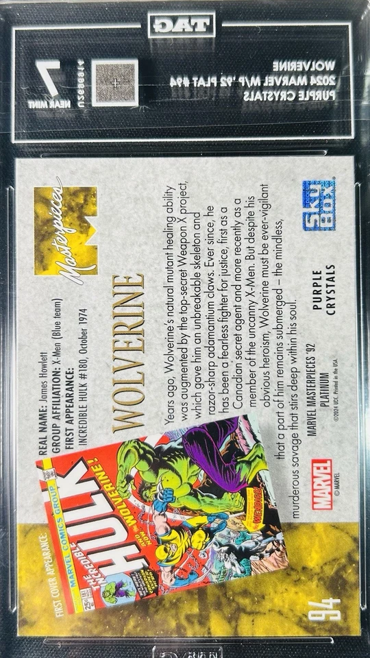 2024 Marvel Obras Maestras 92 Platino UD PÚRPURA Cristales Wolverine #94 Etiqueta Calificado Foto 3 de 3