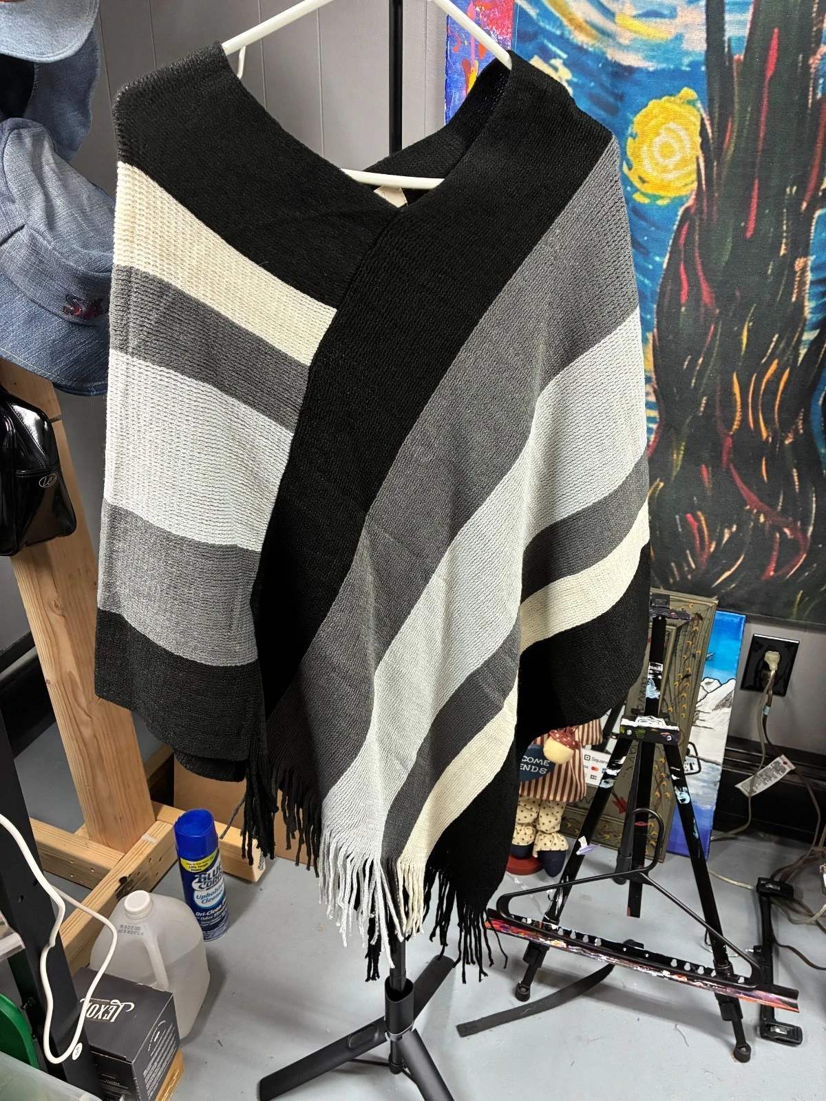 Riah Fashion Black Gray White Striped Knit Poncho Wrap Shawl Fringe One Size