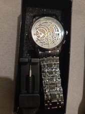 KASRLUO Men's Automatic Skeleton Dial Watch Black Metal Bracelet 45.3mm