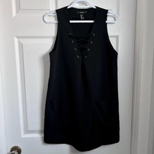 Forever 21 dress black lace front v neck Women Small mini pockets sexy tunic top