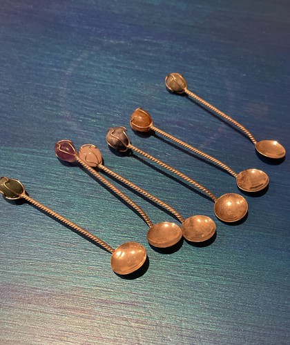 "Cucharas de cóctel antiguas vintage de 3,5"" plateadas con piedras preciosas semipreciosas seis" - Imagen 5 de 9