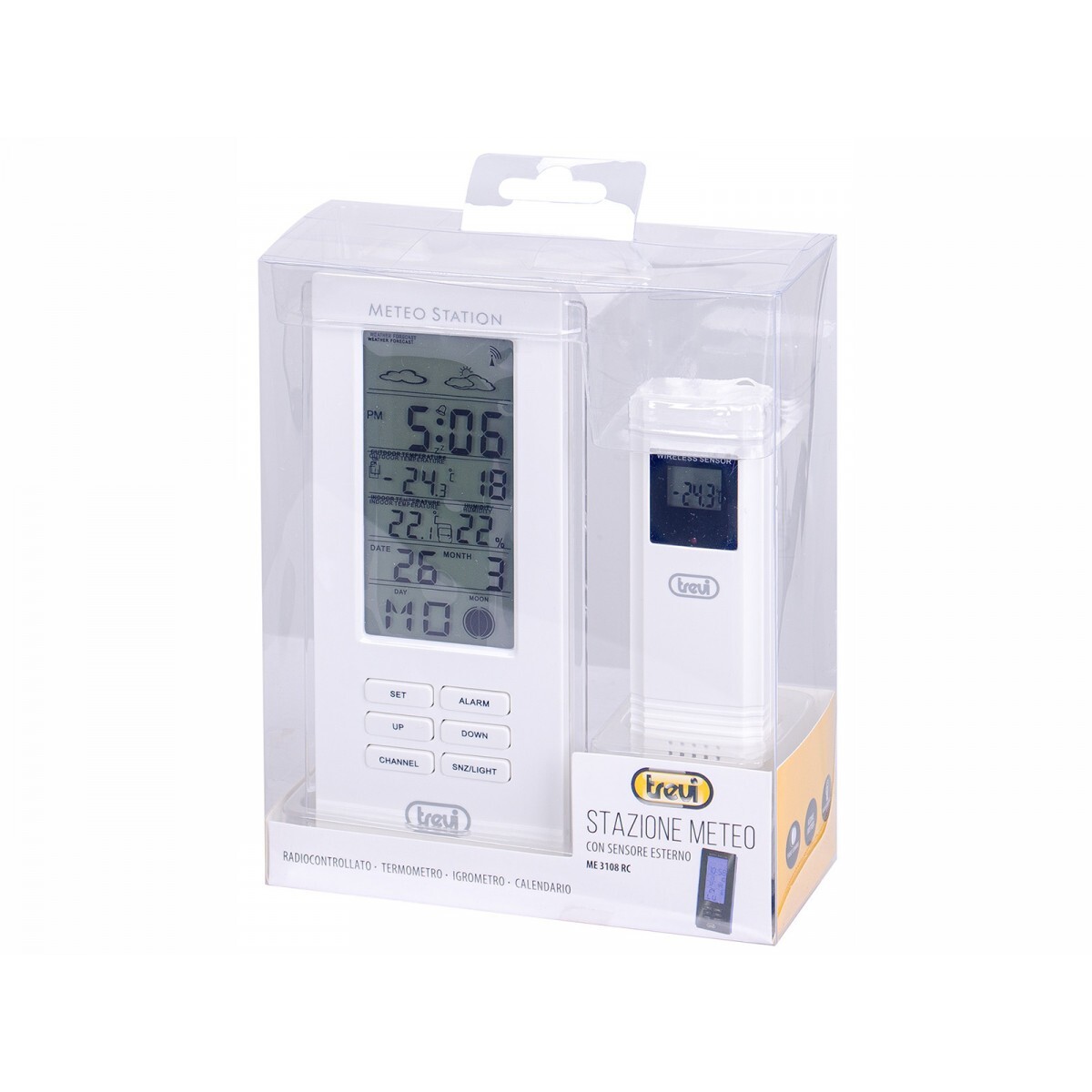 Stazione Meteo con Orologio e Sensore Esterno Trevi ME3108RC e Display Bianco
