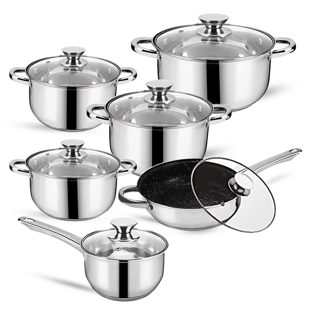 STAINLESS STEEL 12 Pcs INDUCTION HOB CASSEROLE POT COOKWARE SAUCEPAN DINING SET