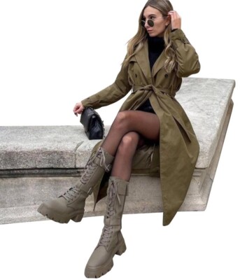 Zara Military Green Waxed Finish Laced Boots Green Olive 2050/810