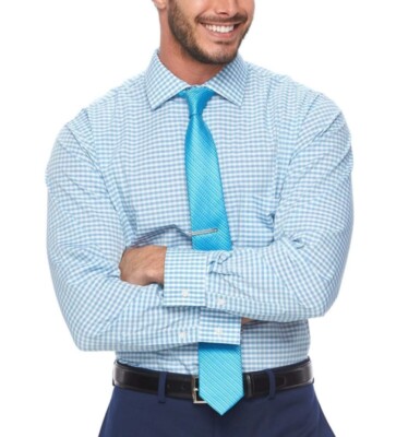 Van Heusen Shirts | Van Heusenflex Collar Blue Checked Print Dress Shirt 17 1/2 36/37 | Color: Blue/White | Size: 17.5 | Bzecky's Closet