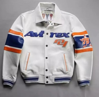 Men's Avirex White Genuine Cowhide Leather Bomber Jacket American Flight Jacket
